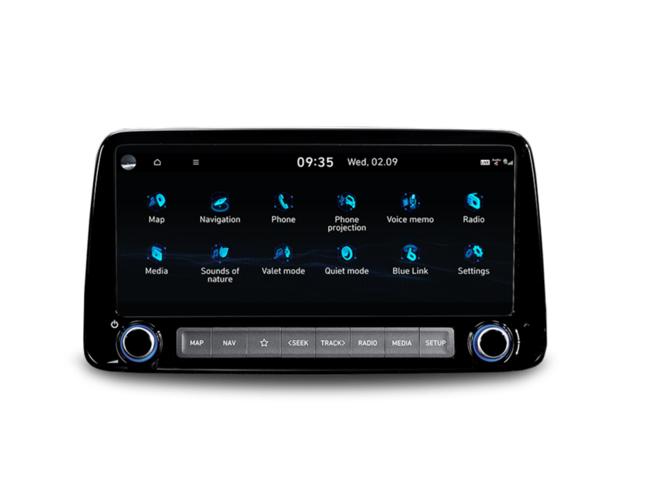 The new 10.25” touchscreen im the new Hyundai Kona providing easy access to the car features. 