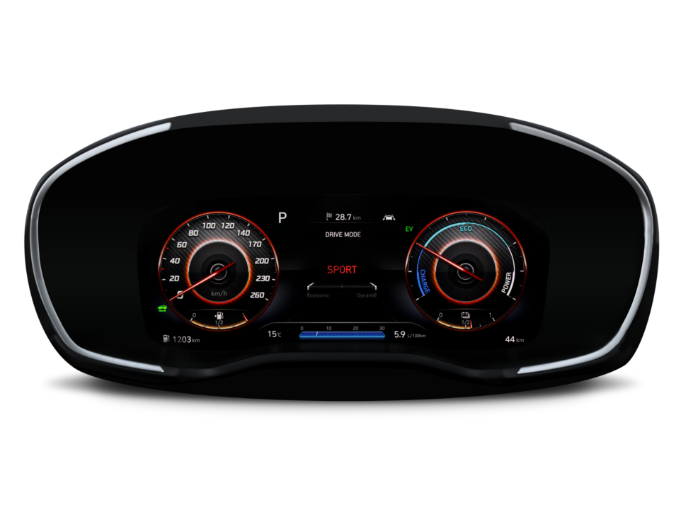 Nouveaux compteurs 12,3” 100 % numérique du Hyundai Santa Fe.